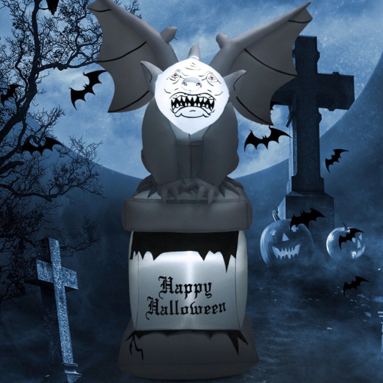 8.2 Feet Halloween Inflatable Gravestone with Spooky Gargoyle Yard Decoration and LED Lights